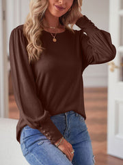 Round Neck Lantern Sleeve Blouse - Flyclothing LLC