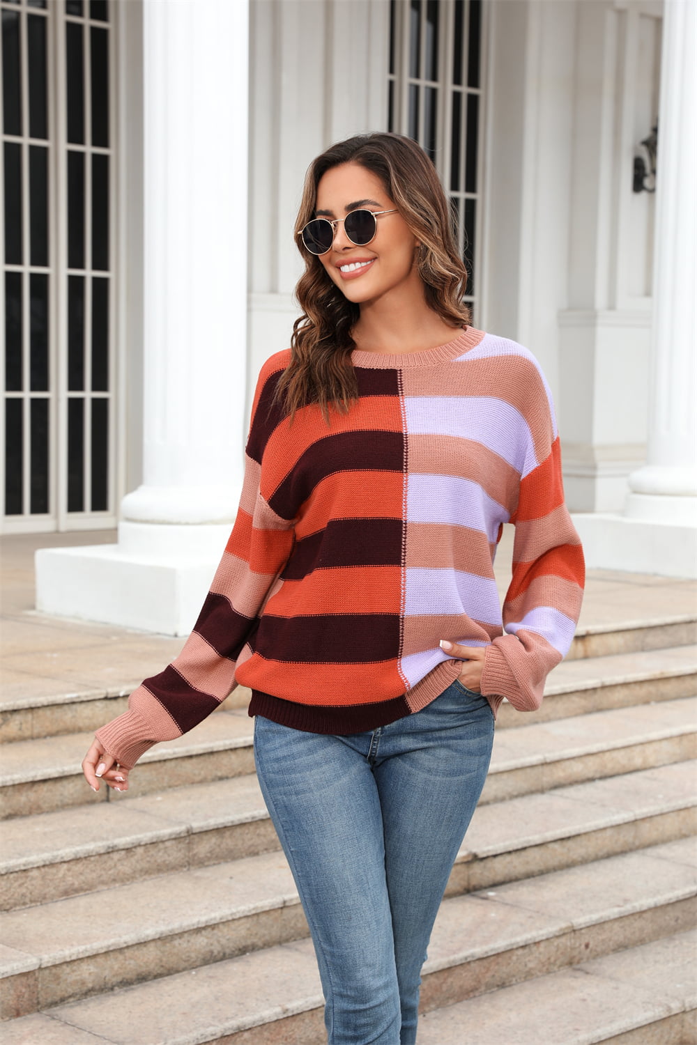 Round Neck Long Sleeve Color Block Dropped Shoulder Pullover Sweater - Flyclothing LLC