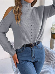 Cable-Knit Turtleneck Cold Shoulder Sweater - Flyclothing LLC