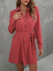 Button Down Belted Long Sleeve Shirt Dress - Trendsi