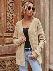 Ribbed Open Front Long Sleeve Cardigan with Pockets - Flyclothing LLC