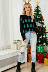 Christmas Tree Round Neck Ribbed Trim Sweater - Trendsi