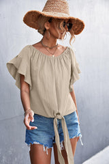 Flutter Sleeve Tie-Front Blouse - Flyclothing LLC