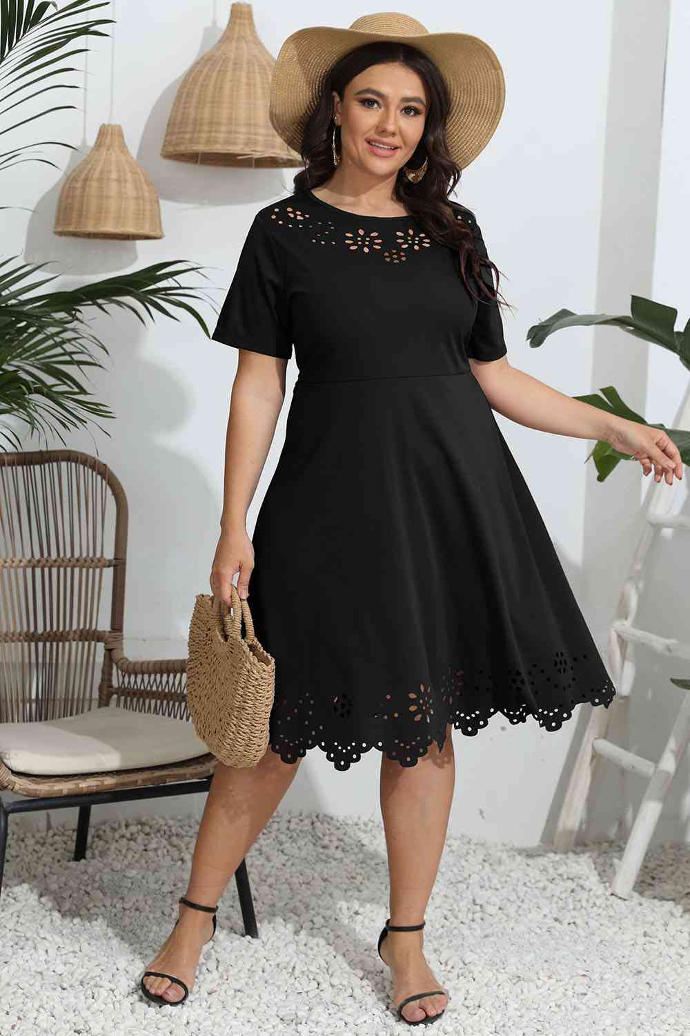 Plus Size Round Neck Openwork Dress - Flyclothing LLC