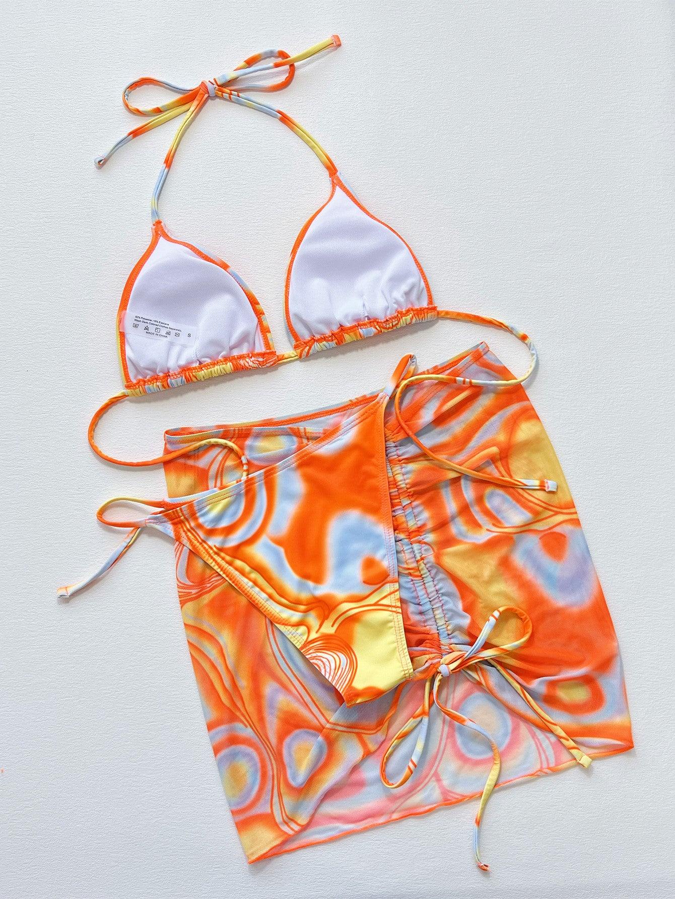 Multicolored Drawstring Ruched Three-Piece Swim Set - Flyclothing LLC