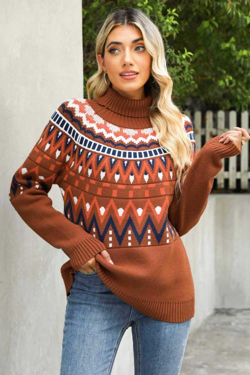 Chevron Turtleneck Ribbed Trim Sweater - Trendsi