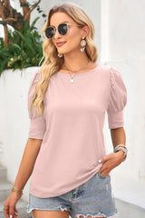 Round Neck Lantern Sleeve Blouse - Flyclothing LLC