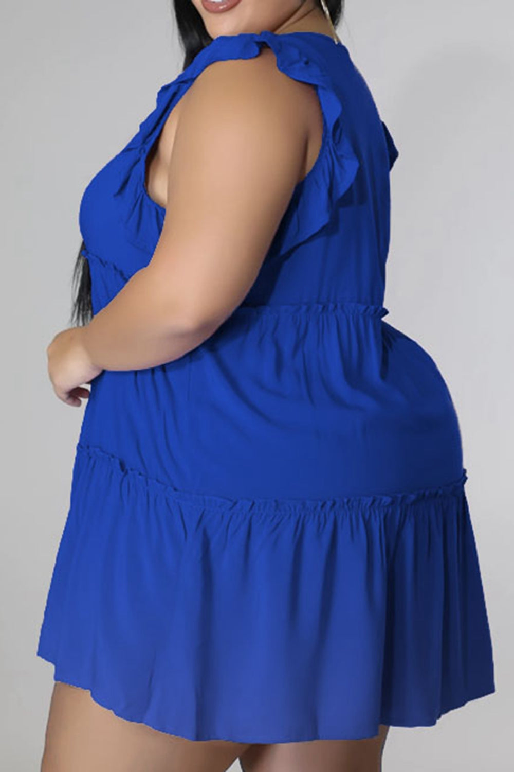 Plus Size V-Neck Frill Trim Mini Dress - Flyclothing LLC