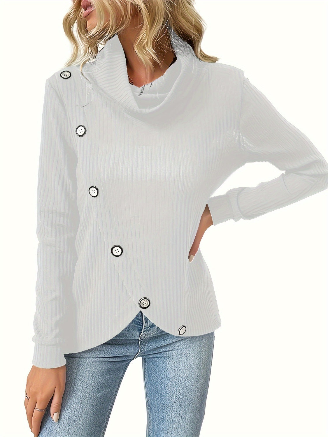 Decorative Button Turtleneck Long Sleeve T-Shirt - Flyclothing LLC