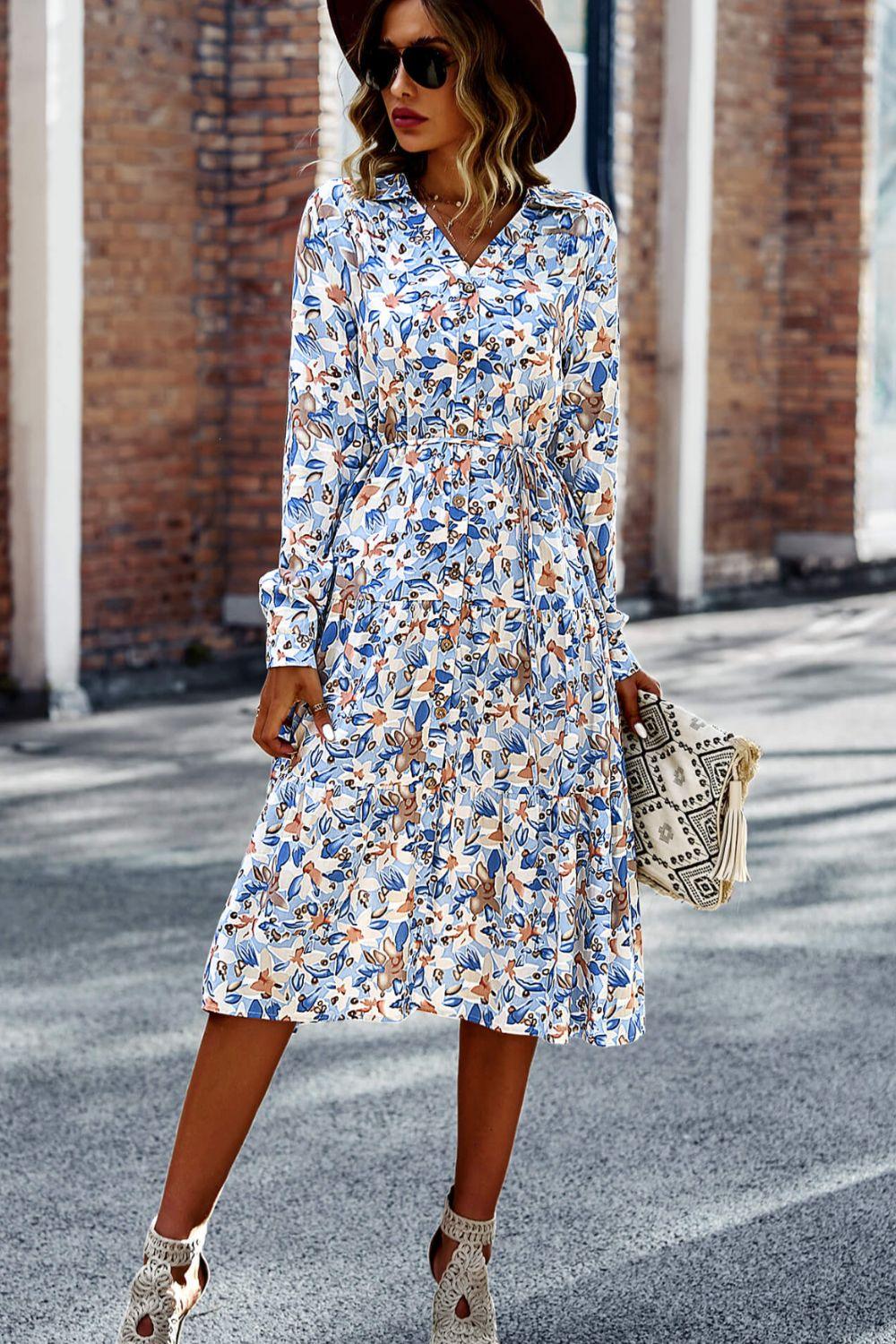 Printed Button Front Belted Tiered Shirt Dress - Flyclothing LLC