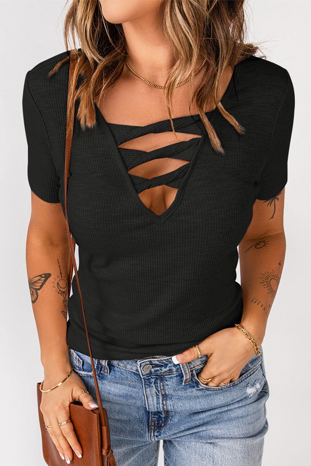 Strappy Ribbed Knit T-Shirt - Flyclothing LLC