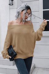 Off-Shoulder Ribbed Long Sleeve Pullover Sweater - Trendsi