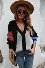 Contrast Button Front V-Neck Cardigan - Flyclothing LLC