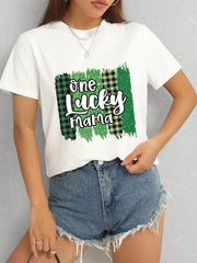 ONE LUCKY MAMA Round Neck T-Shirt - Trendsi