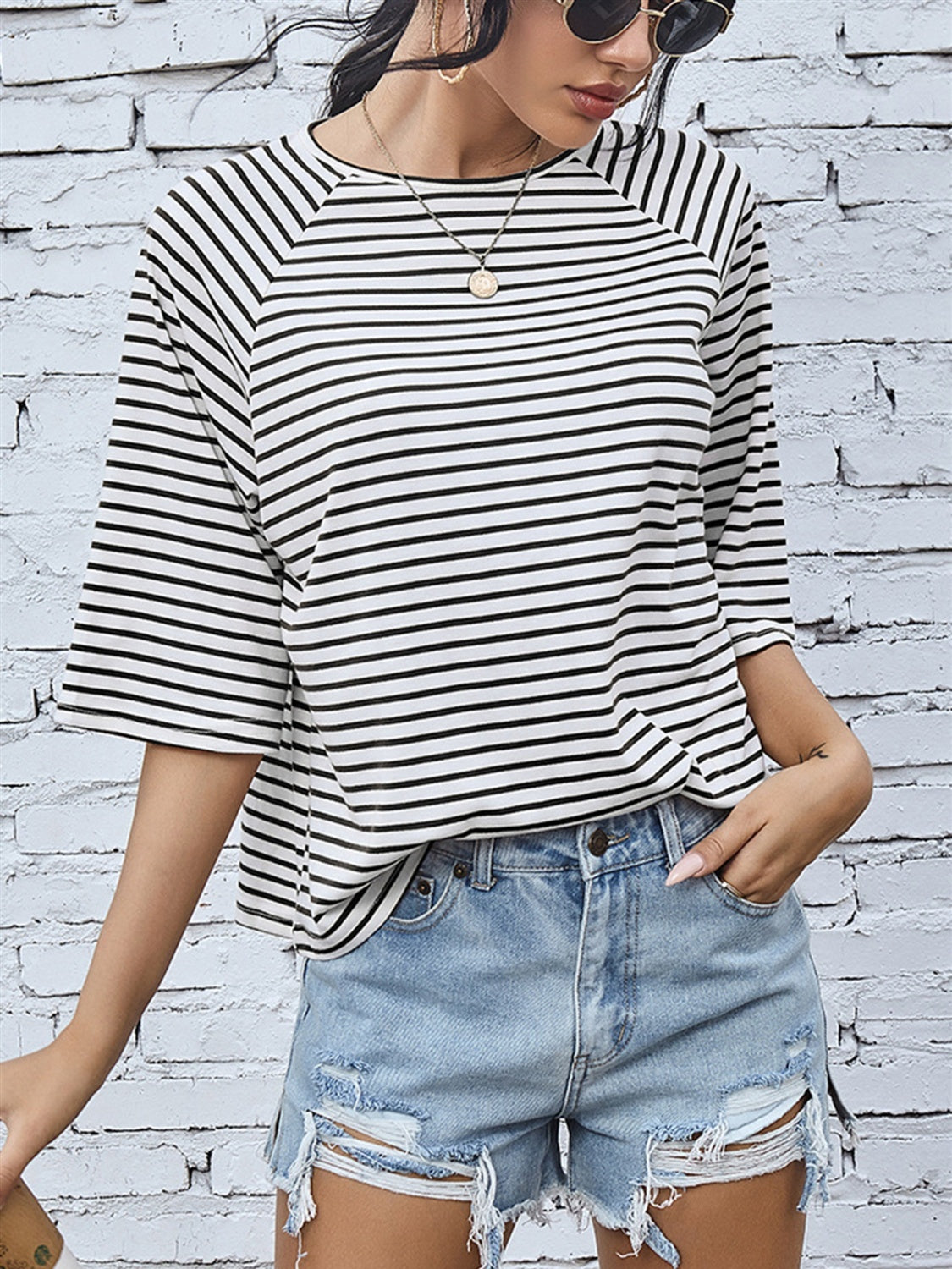 Striped Round Neck Raglan Sleeve T-Shirt - Flyclothing LLC