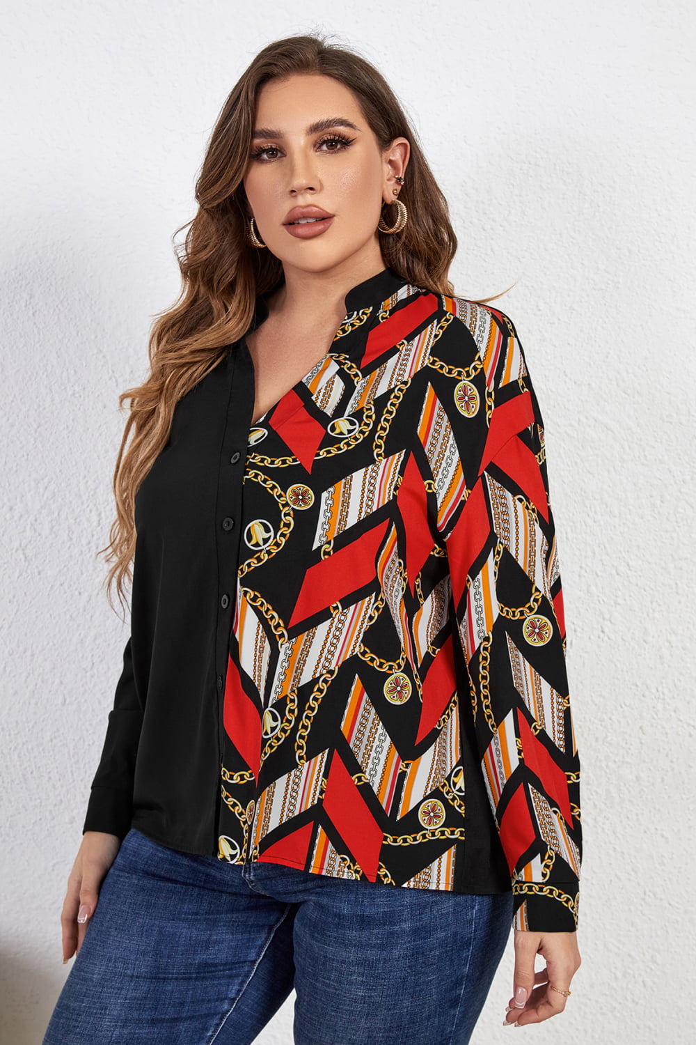 Plus Size Contrast Color Notched Neck Shirt - Flyclothing LLC