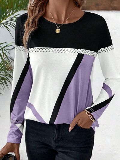 Contrast Round Neck Long Sleeve T-Shirt - Flyclothing LLC