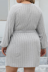 Plus Size Ribbed Tie Front Long Sleeve Sweater Dress - Flyclothing LLC