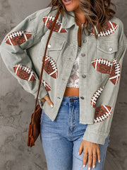 Football Sequin Button Up Dropped Shoulder Jacket - Flyclothing LLC