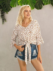 Tied Printed Button Up V-Neck Blouse - Flyclothing LLC