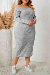 Plus Size Square Neck Long Sleeve Slit Dress