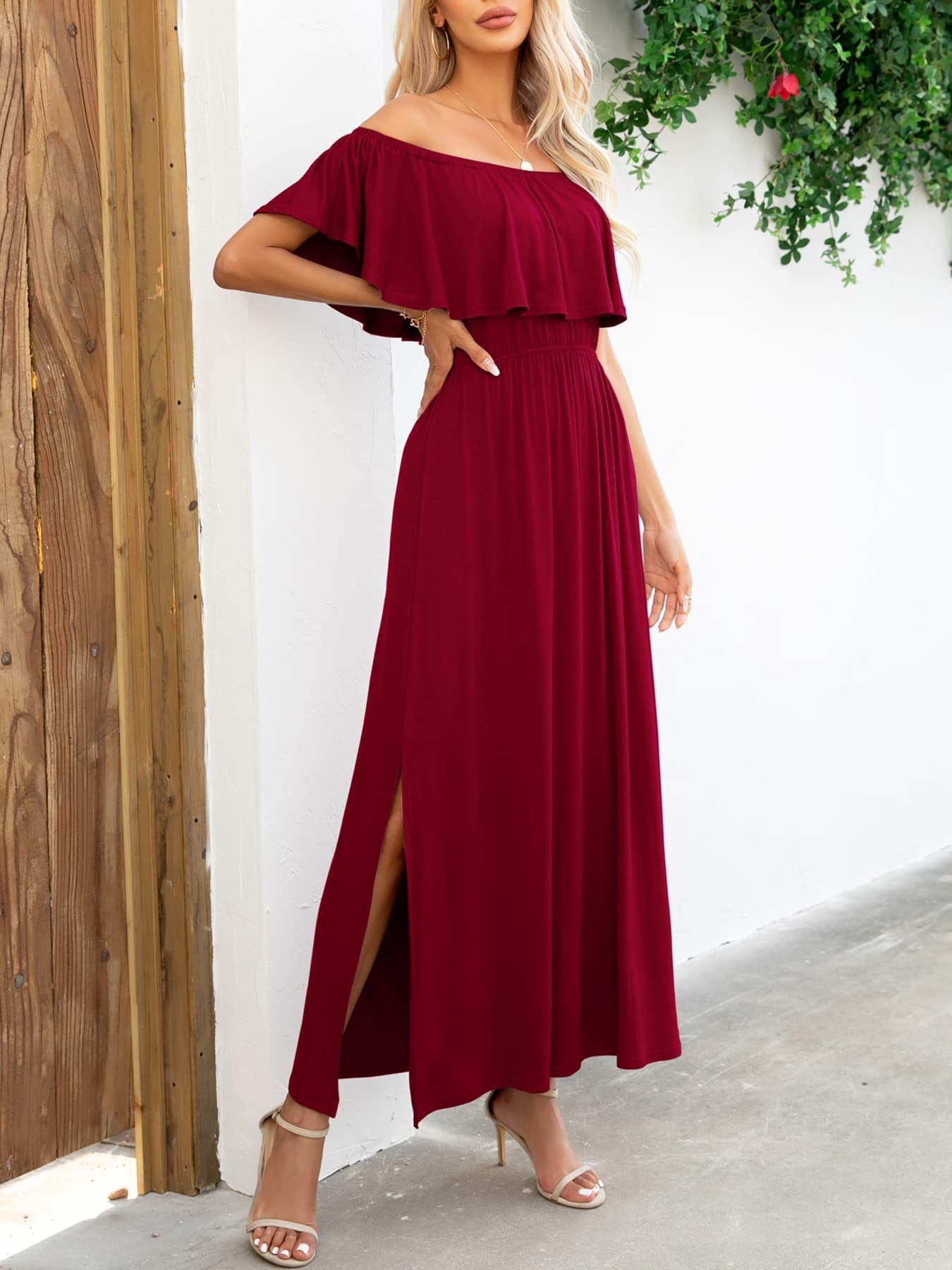 Off-Shoulder Slit Maxi Dress - Flyclothing LLC