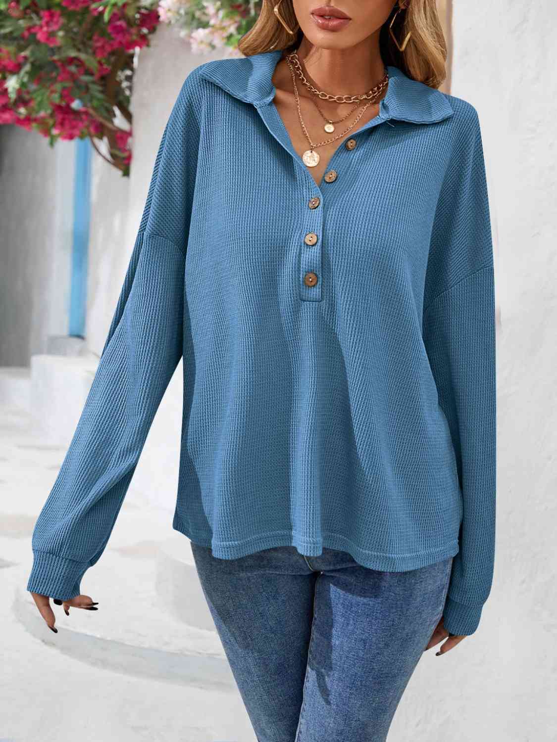 Half Button Collared Neck Long Sleeve Top - Flyclothing LLC