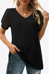 Swiss Dot Puff Sleeve V-Neck Tee - Flyclothing LLC