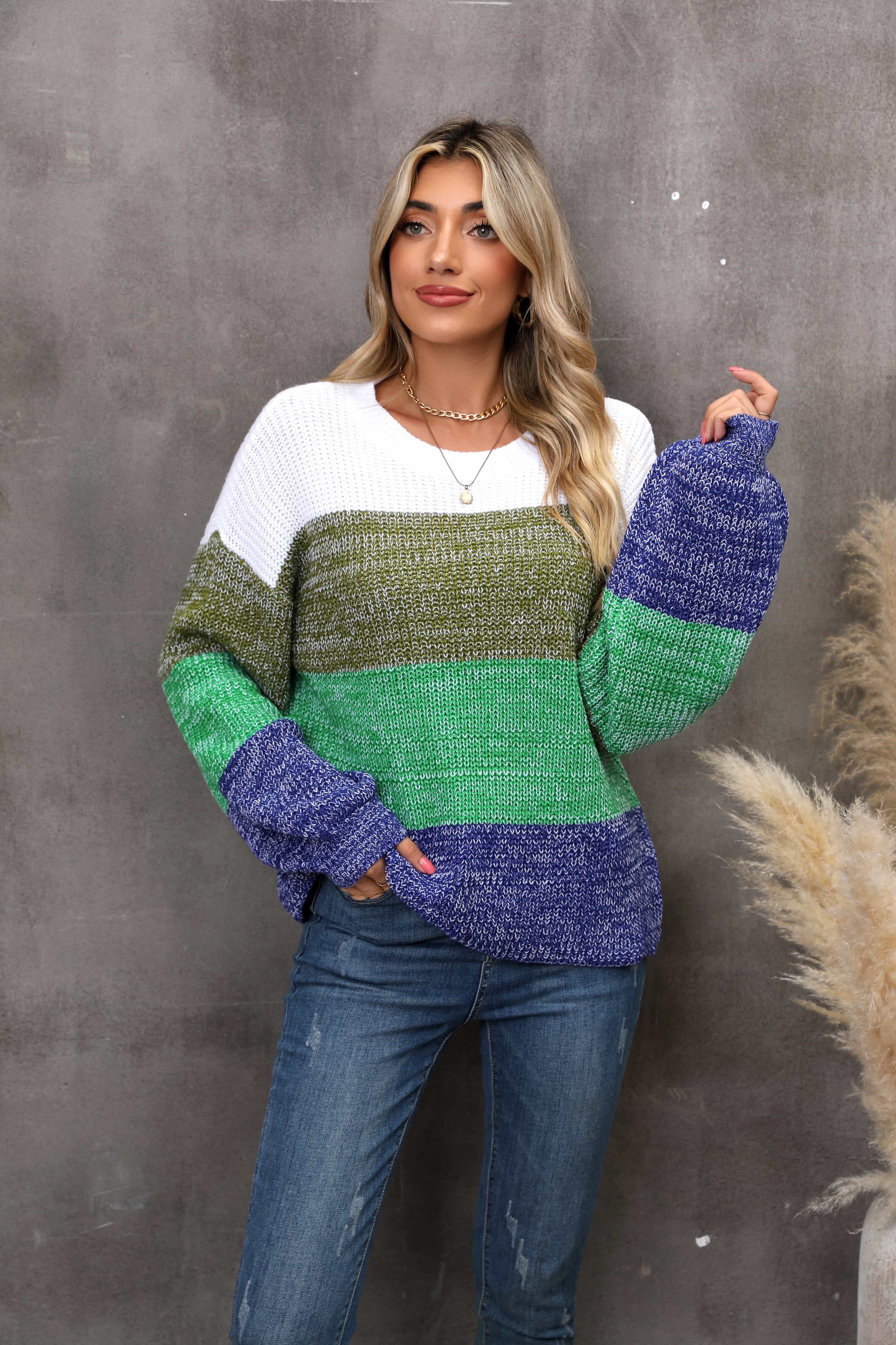 Color Block Round Neck Dropped Shoulder Sweater - Flyclothing LLC