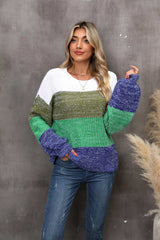 Color Block Round Neck Dropped Shoulder Sweater - Trendsi