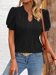 Eyelet Notched Puff Sleeve T-Shirt - Flyclothing LLC