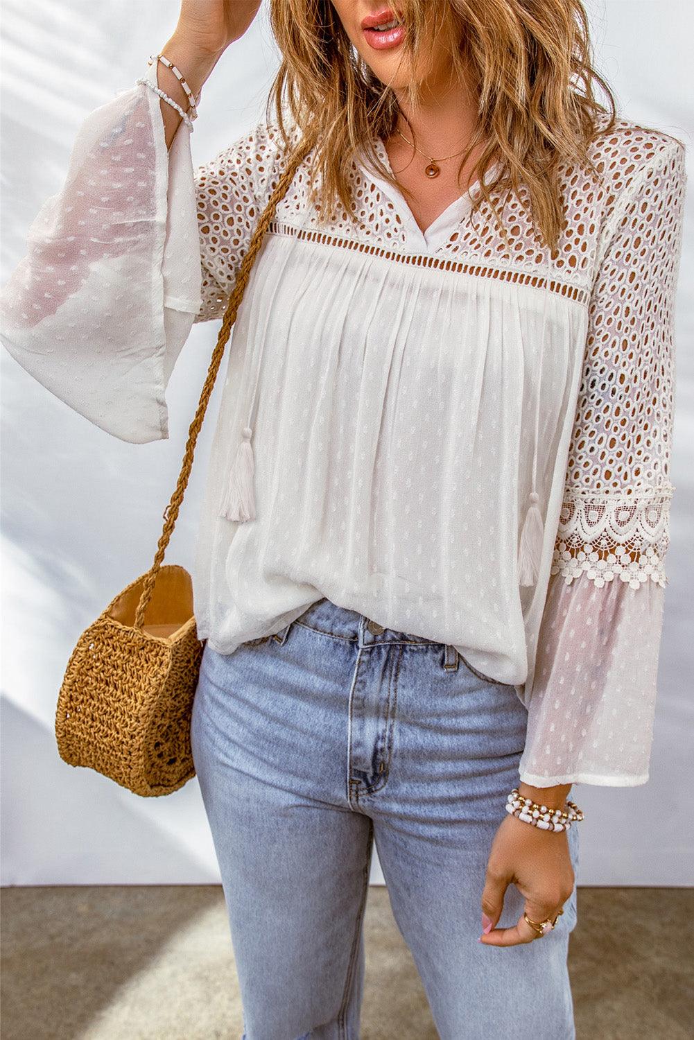 Eyelet Tassel Tie Flare Sleeve Blouse - Flyclothing LLC