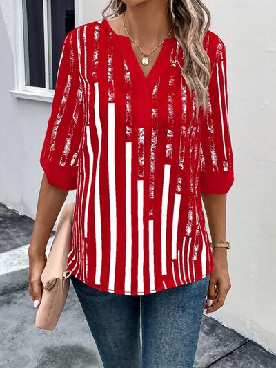 Striped Notched Half Sleeve Blouse - Flyclothing LLC