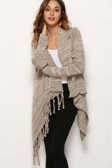 One-Button Tassel Tie Asymmetrical Hem Cardigan - Flyclothing LLC