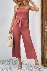 Decorative Button Strapless Smocked Jumpsuit with Pockets - Flyclothing LLC