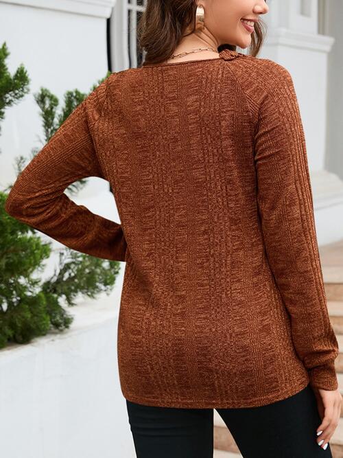 Texture Round Neck Long Sleeve Knit Top - Flyclothing LLC