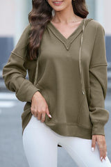 Exposed Seam V-Neck Drawstring Hoodie - Flyclothing LLC