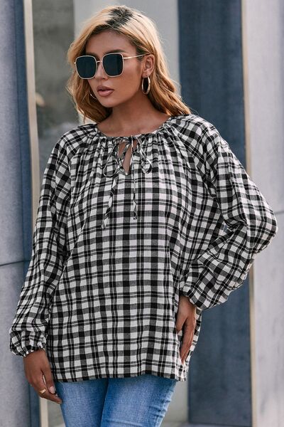 Plaid Tie Neck Balloon Sleeve Blouse - Flyclothing LLC