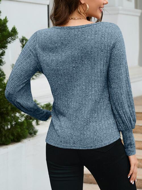 Ribbed Round Neck Lantern Sleeve Knit Top - Flyclothing LLC