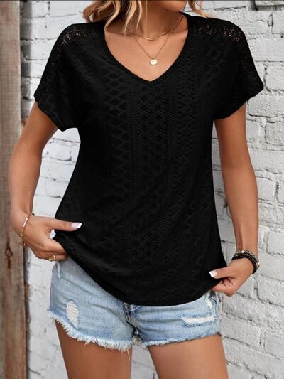 Eyelet V-Neck Short Sleeve T-Shirt - Flyclothing LLC