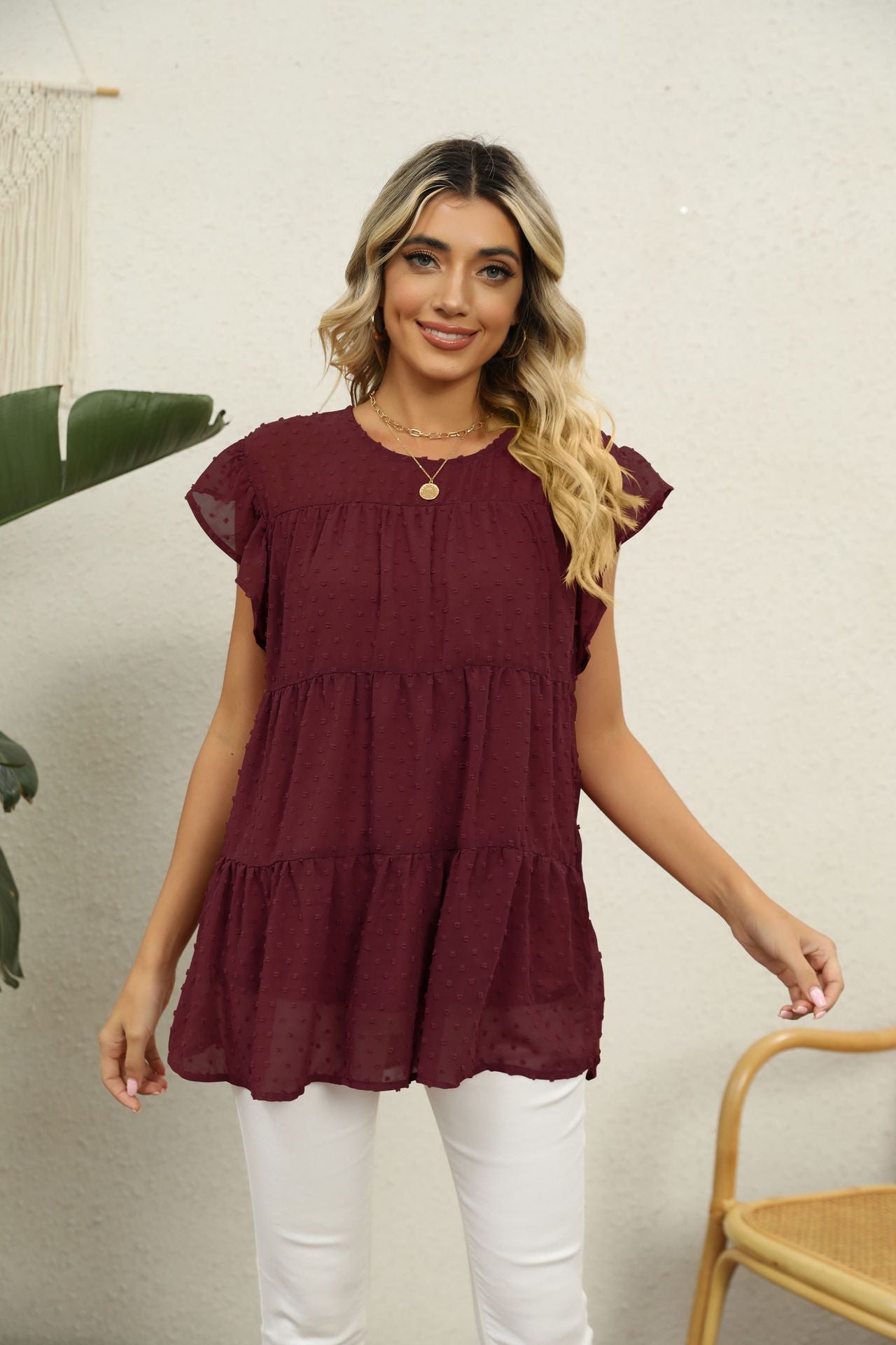 Swiss Dot Round Neck Tiered Blouse - Flyclothing LLC