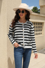 Striped Round Neck Button-Down Dropped Shoulder Cardigan - Flyclothing LLC