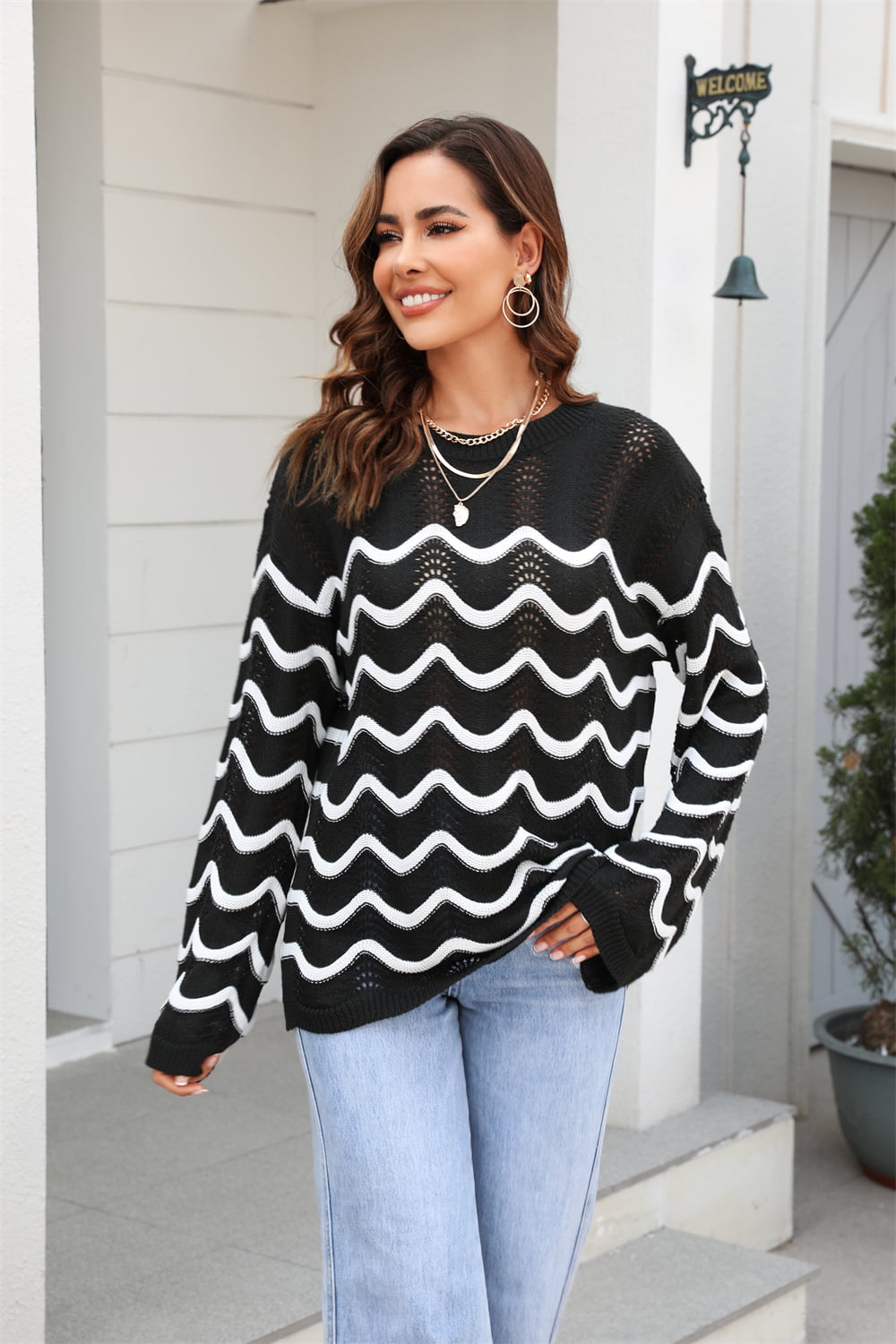 Wave Pattern Round Neck Long Sleeve Sweater - Flyclothing LLC