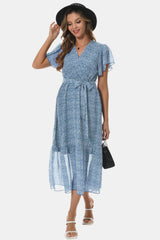 Surplice Neck Flutter Sleeve Tied Dress - Flyclothing LLC