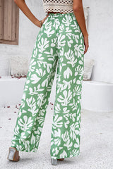 Smocked Printed Wide Leg Pants with Pockets - Flyclothing LLC