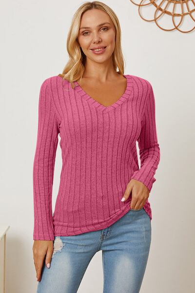 Basic Bae Full Size Ribbed V-Neck Long Sleeve T-Shirt - Flyclothing LLC