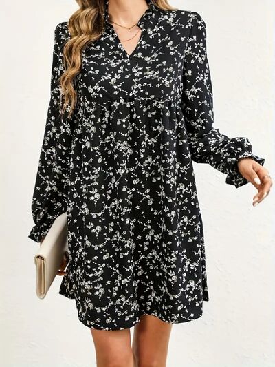 Ditsy Floral Notched Flounce Sleeve Dress - Flyclothing LLC