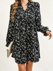 Ditsy Floral Notched Flounce Sleeve Dress - Flyclothing LLC