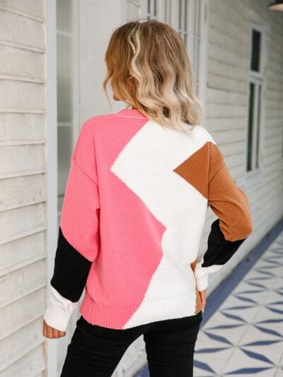 Color Block Round Neck Dropped Shoulder Sweater - Flyclothing LLC