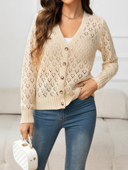 Openwork V-Neck Buttoned Knit Top - Flyclothing LLC